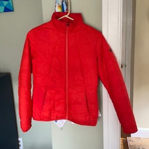 Orange North Face puffer jacket